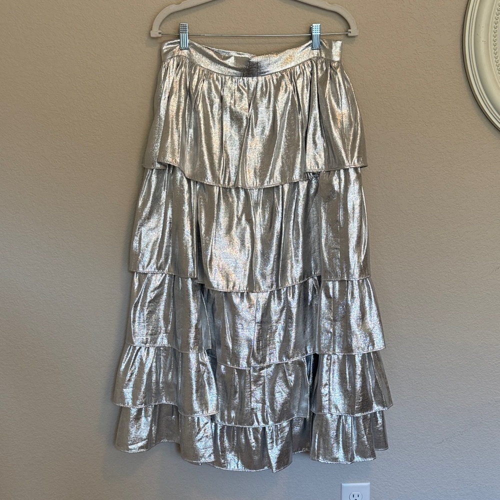 ANTONIO MELANI Metallic Silver Tiered Midi Skirt